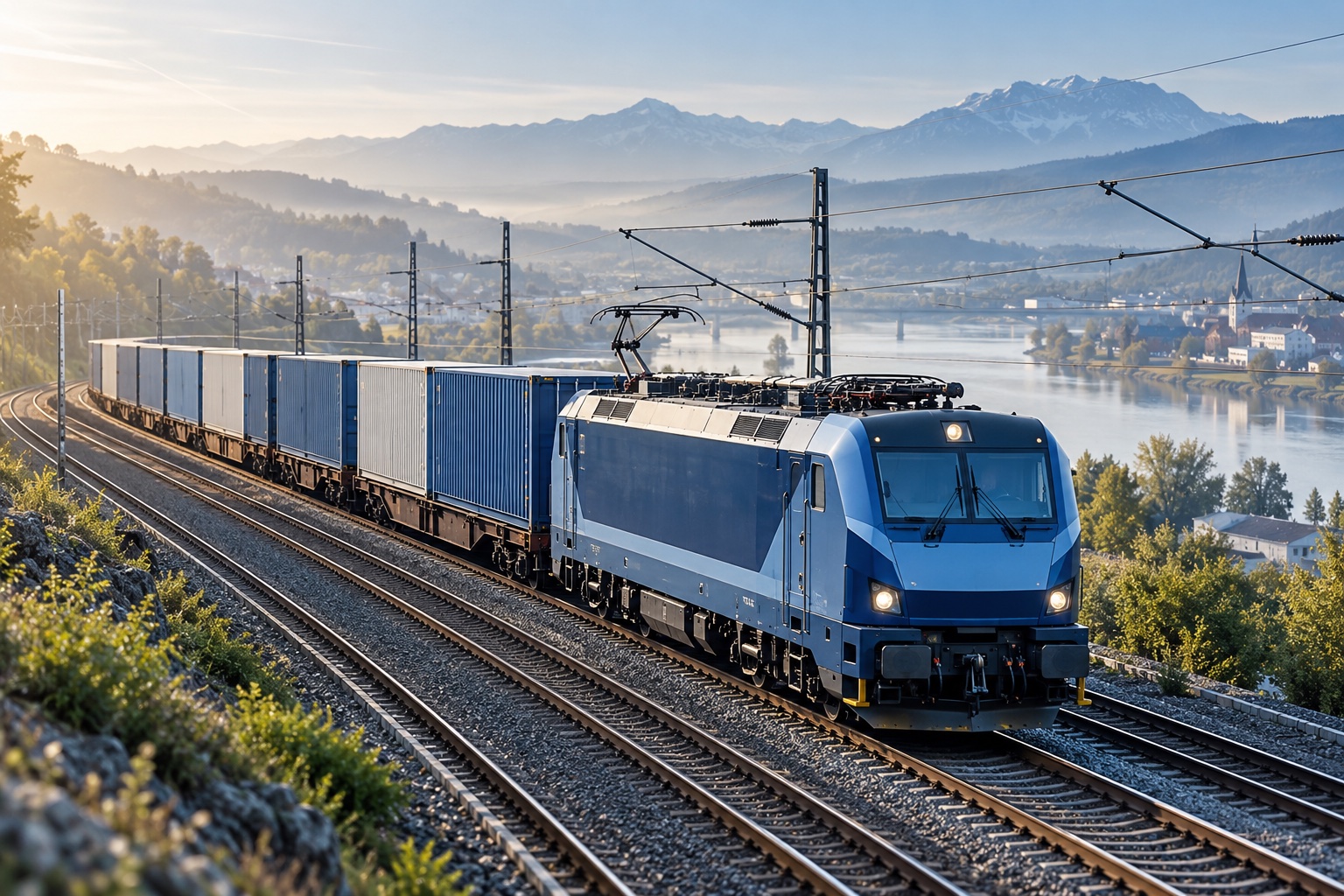 Tren electric cu containere pe o rută feroviară internațională