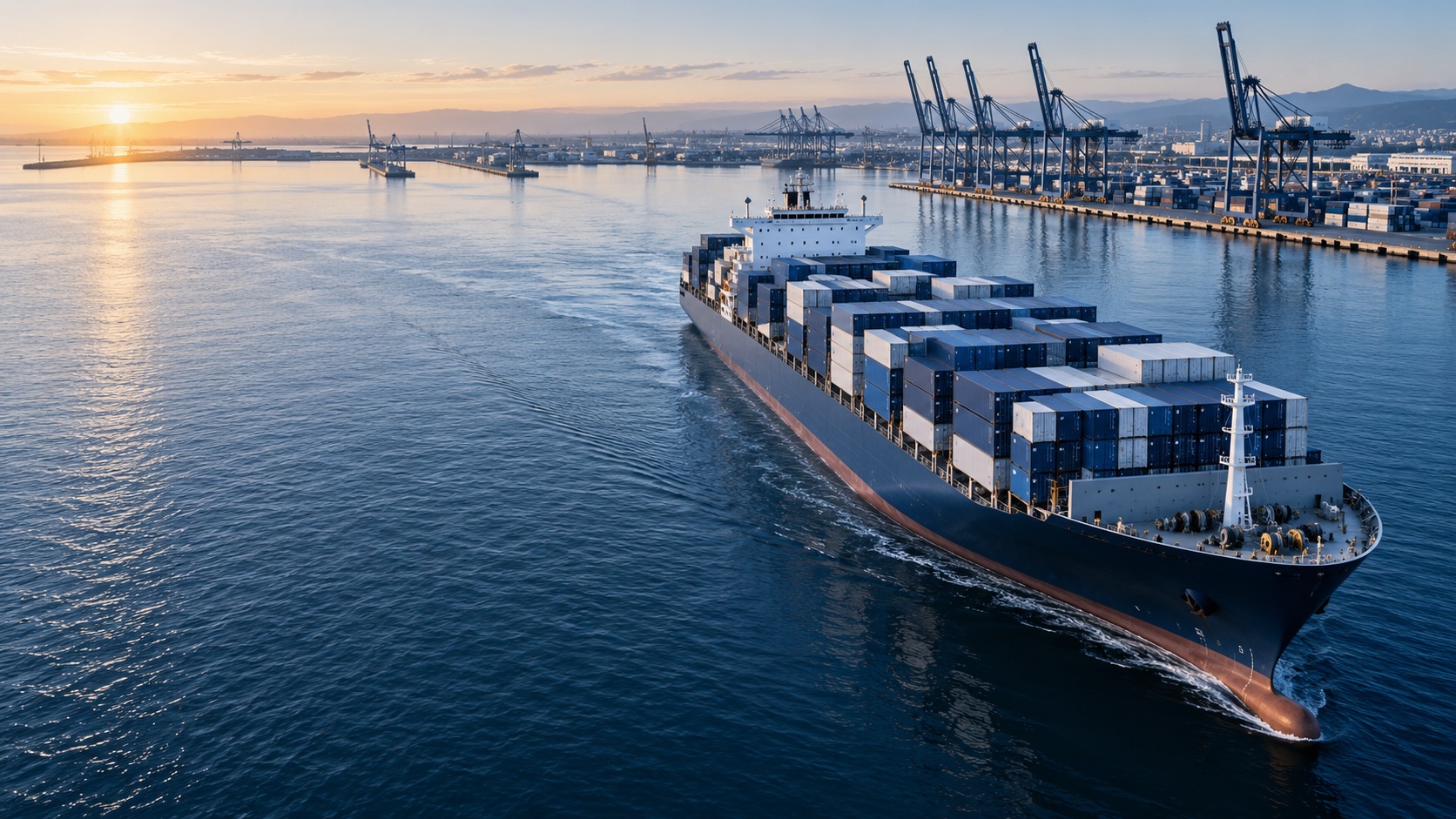 Navă portcontainer într-un port internațional, în lumina dimineții