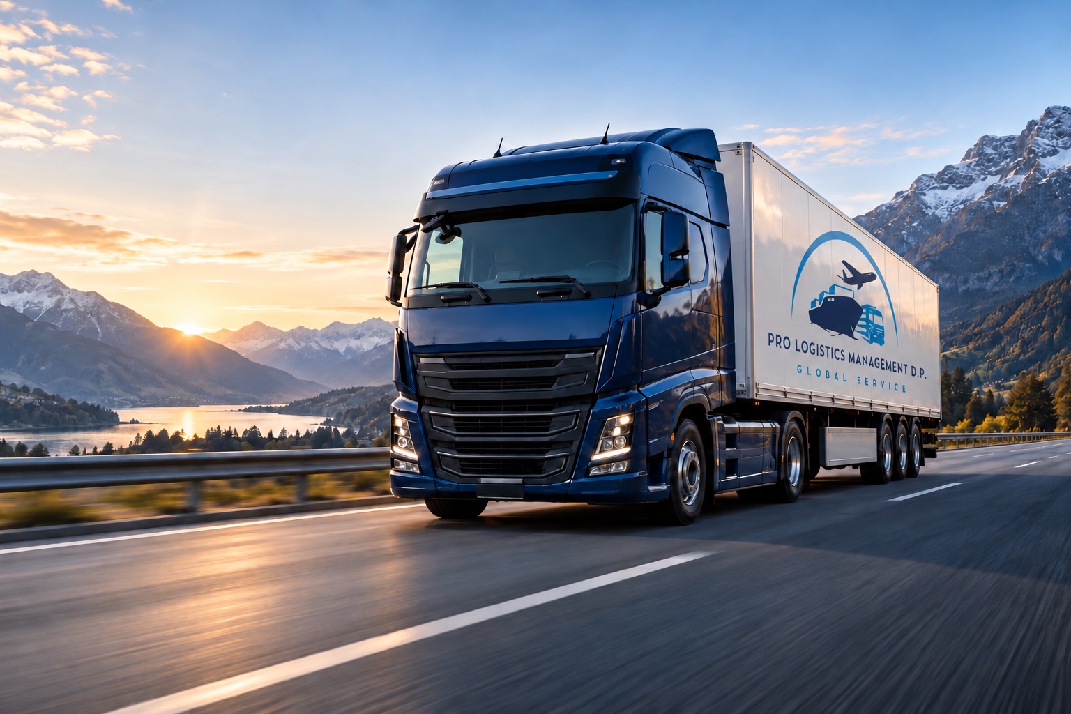 Camion cu logo Pro Logistics Management D.P. într-un peisaj alpin